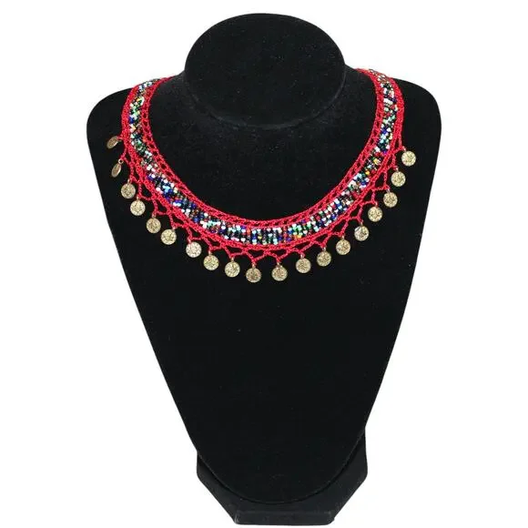 Handmade Turkish Red & Gold Crochet Bead Necklace - Picture 2 of 5